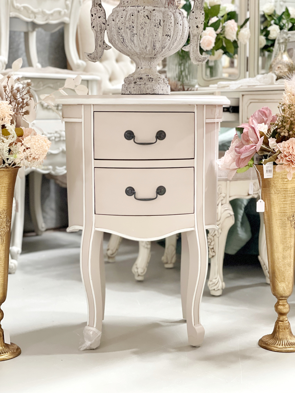 Dauphone Shabby Chic Dove Grey Bedside Table I Rococo Decor