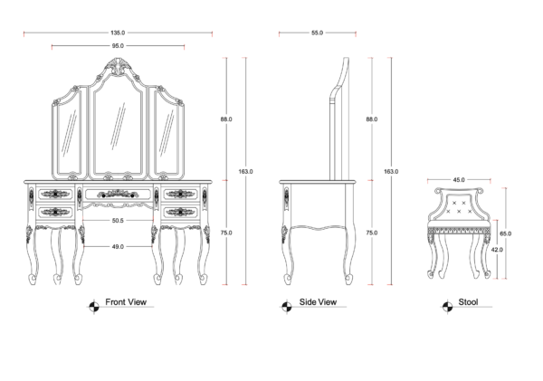 Rosen Antique White Provincial Tri Fold Mirrored Back Dressing Table and Stool - Image 3