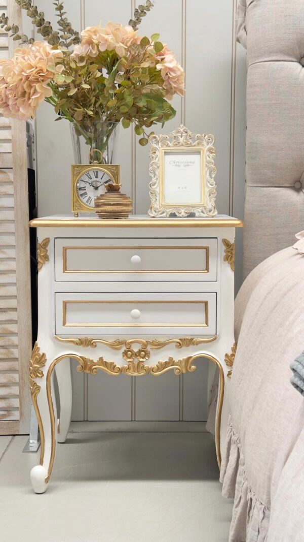 White and Gold French Provincial Bedside Table