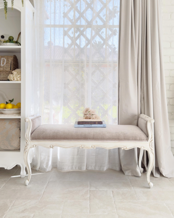French Provincial Carved Upholstered Bench with Scroll Arms - Image 6