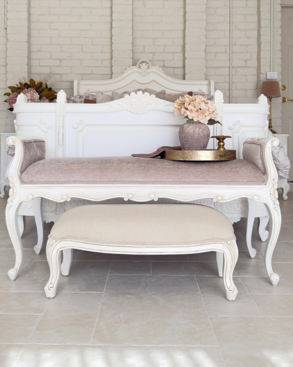 French Provincial Carved Upholstered Bench with Scroll Arms - Image 8