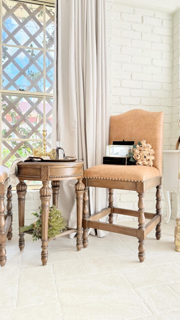 French Rustic Tan Leather Counter Stool