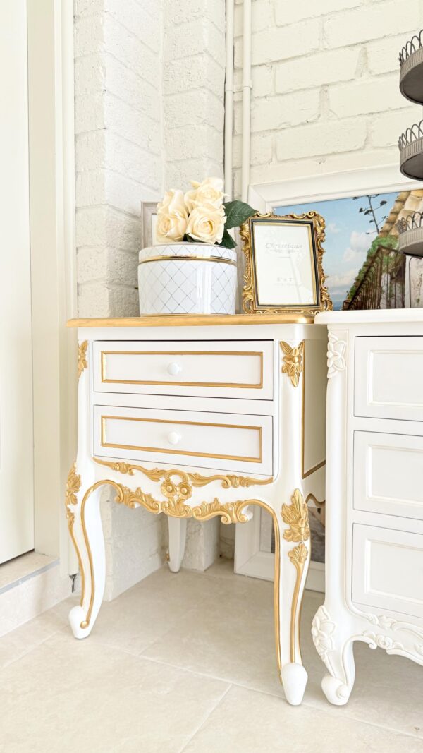 White and Gold French Provincial Bedside Table