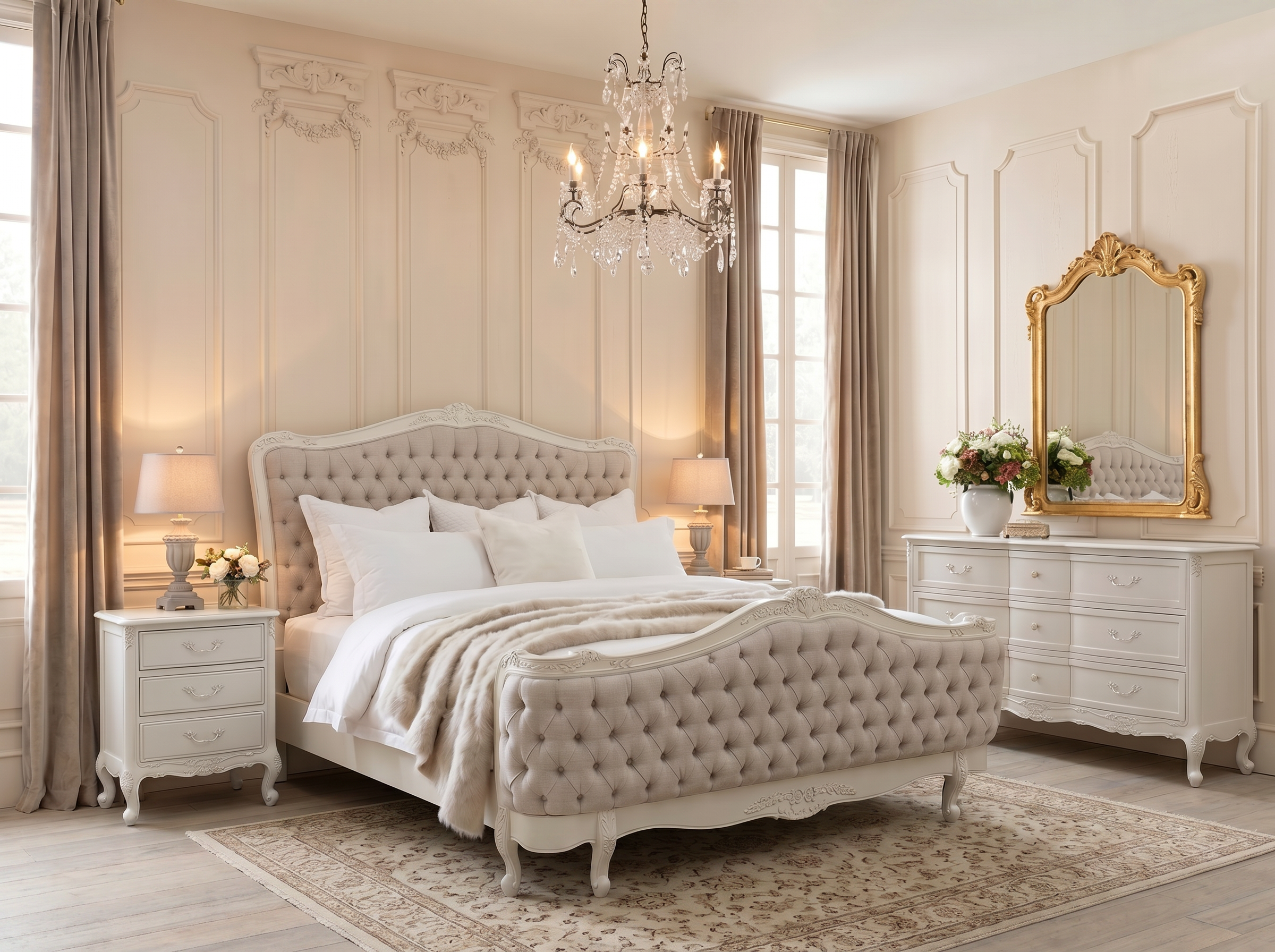 Alice Farmhouse Tufted Antique White French Provincial Bed - Image 2