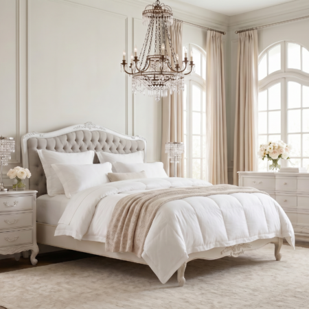 Alice Farmhouse Tufted Antique White French Provincial Low End Bed setting