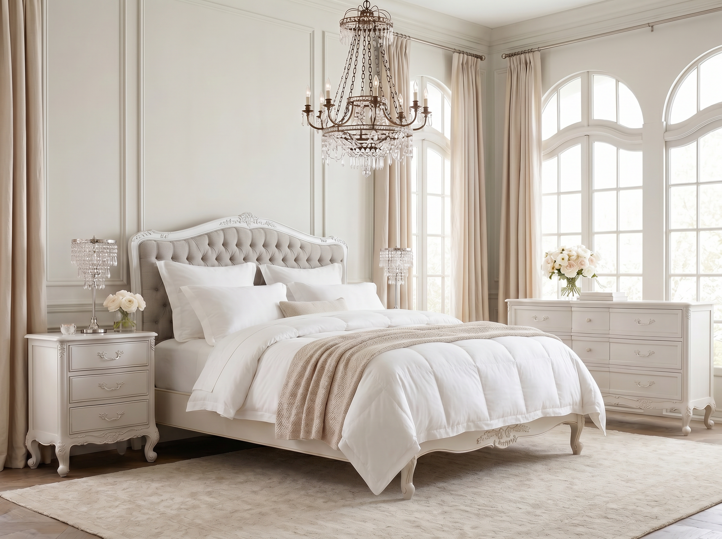 Alice Farmhouse Tufted Antique White French Provincial Low End Bed setting