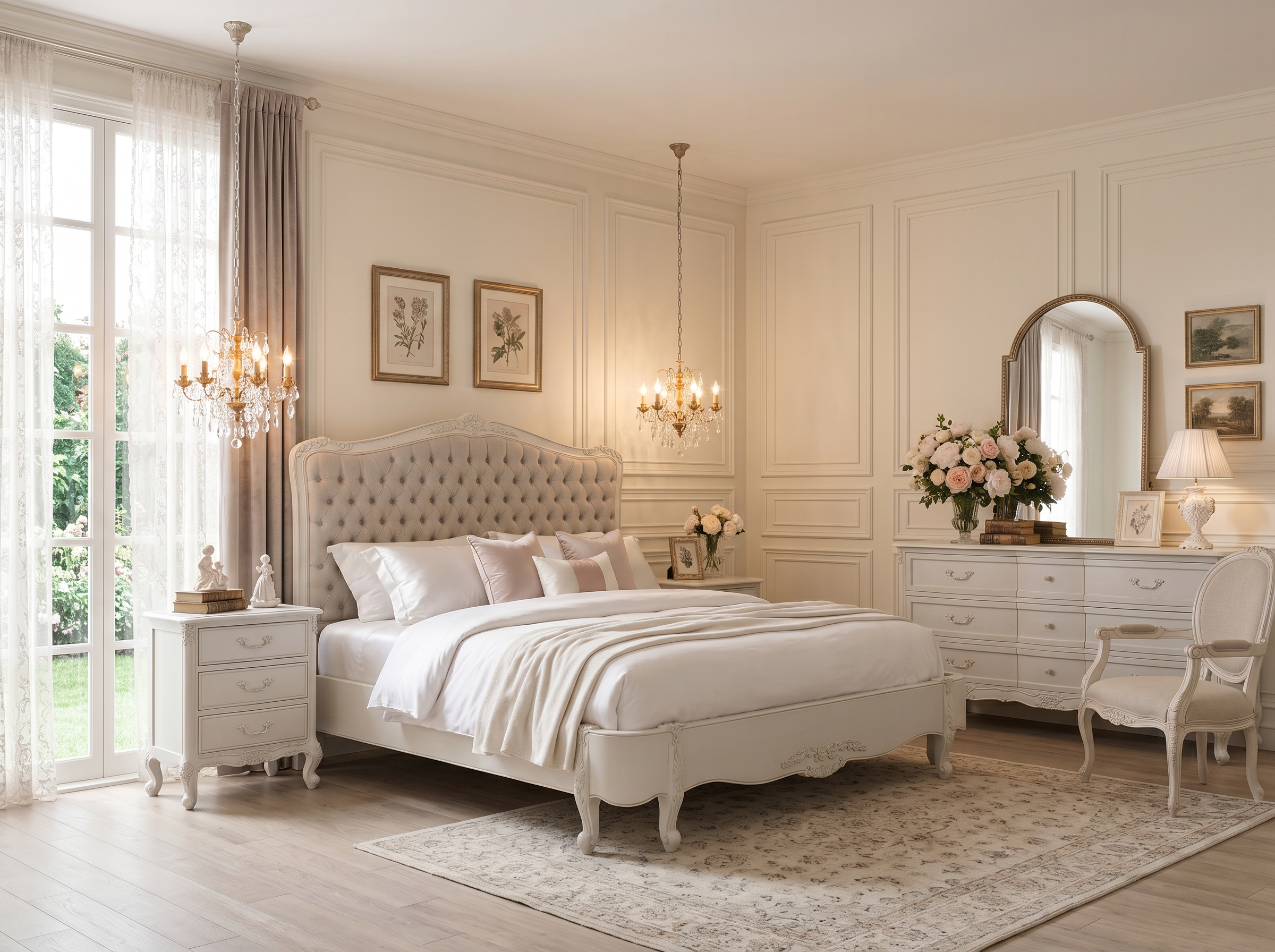 Alice Farmhouse Tufted Antique White French Provincial Low End Bed setting