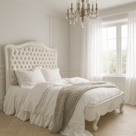 Alice Farmhouse Tufted Antique White French Provincial Low End Bed