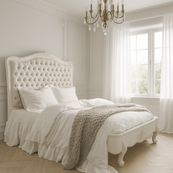 Alice Farmhouse Tufted Antique White French Provincial Low End Bed