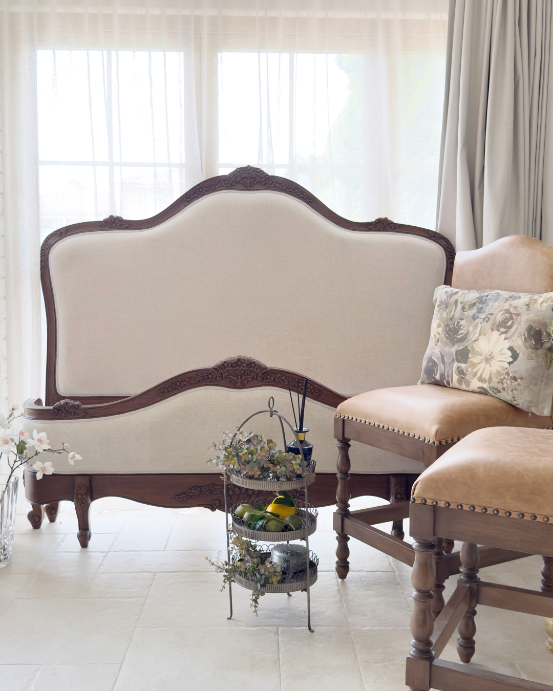 Juliette Antique Heritage Brown Upholstered French Provincial Bed - Image 3