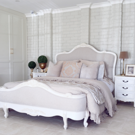 Juliette Antique White Upholstered French Bed