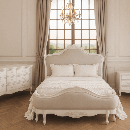 Juliette Antique White Upholstered French Bed