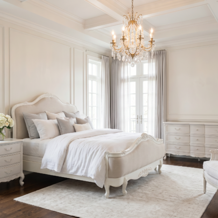 Juliette Antique White Upholstered French Bed french setting