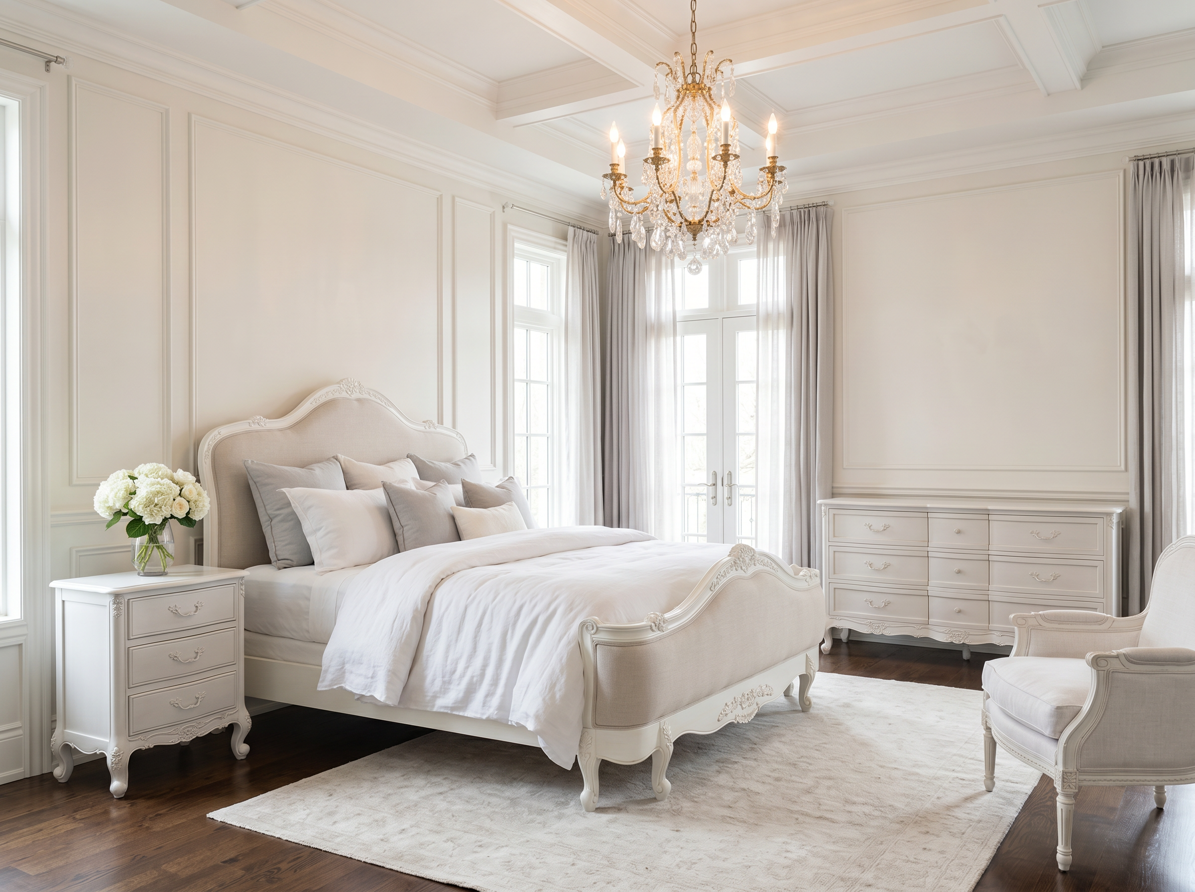 Juliette Antique White Upholstered French Bed french setting