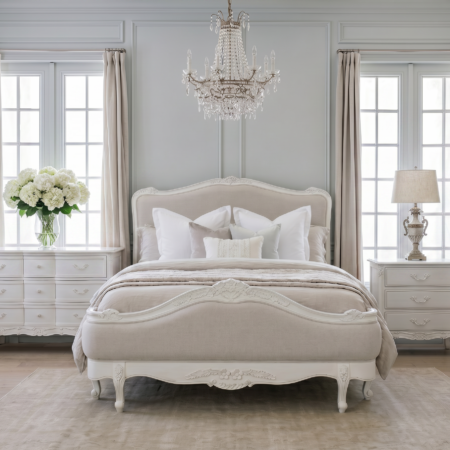 Juliette Antique White Upholstered French Bed french setting