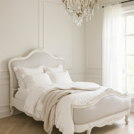Juliette Antique White Upholstered French Bed