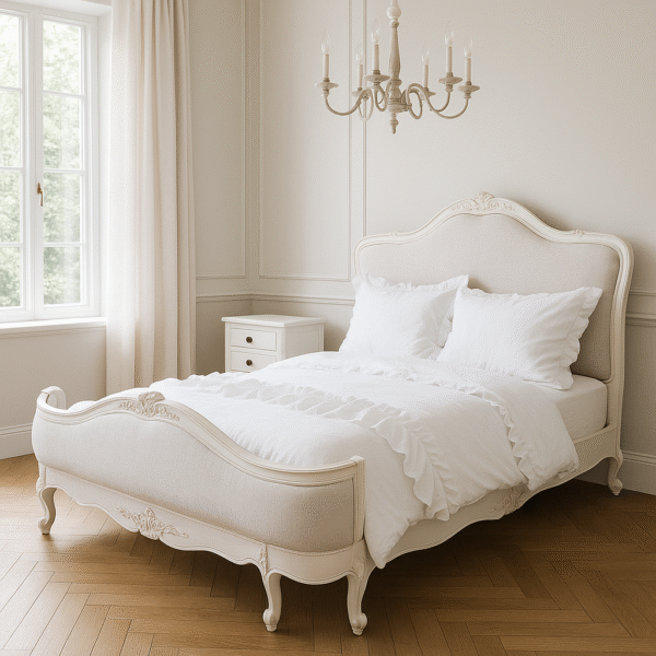 Juliette Antique White Upholstered French Bed - Image 3