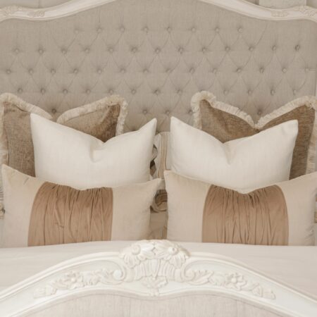 Alice French Provincial Bed in antique white with carved timber detailing and a button-tufted headboard and footboard
