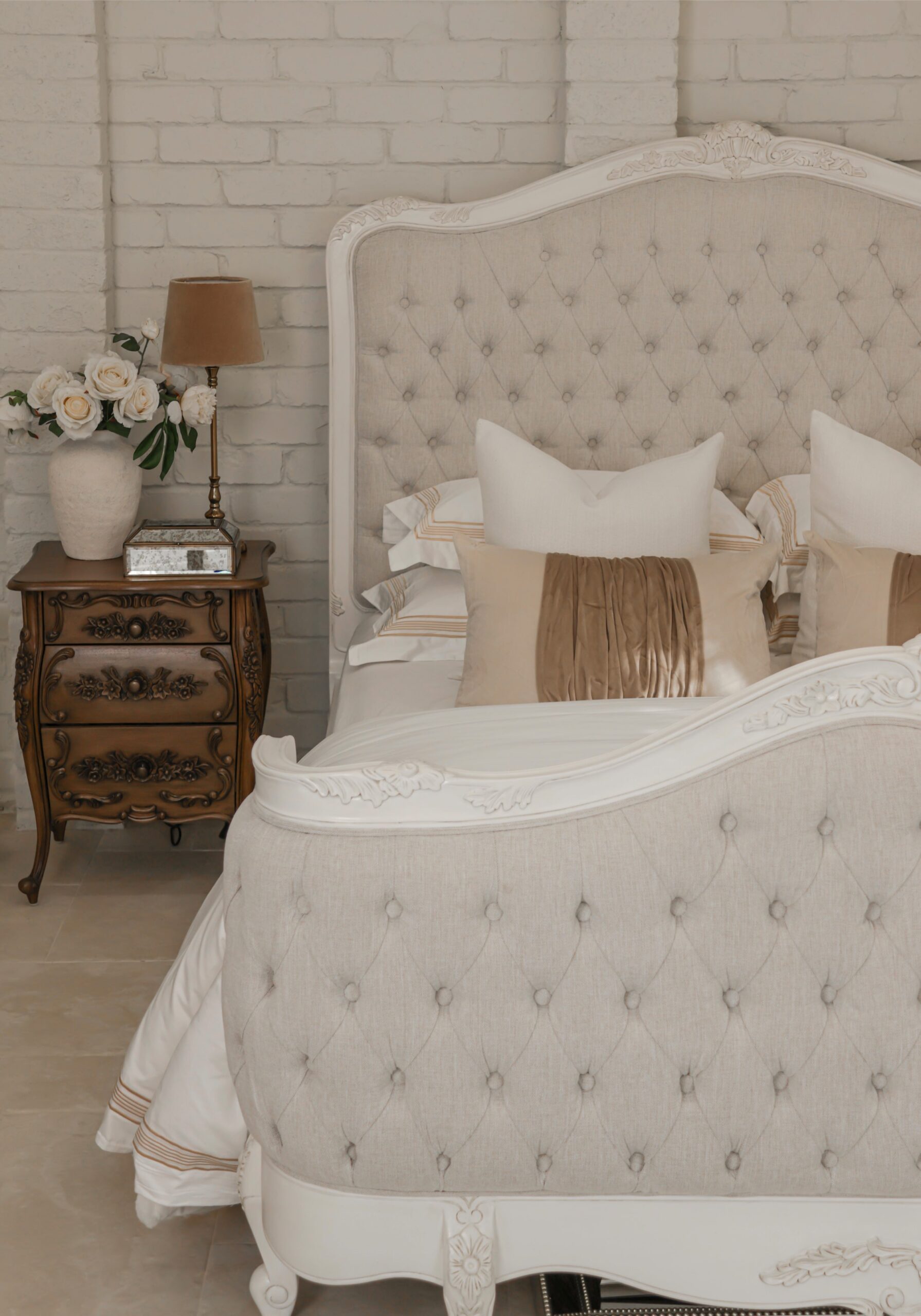 Alice Farmhouse Tufted Antique White French Provincial Bed - Image 3