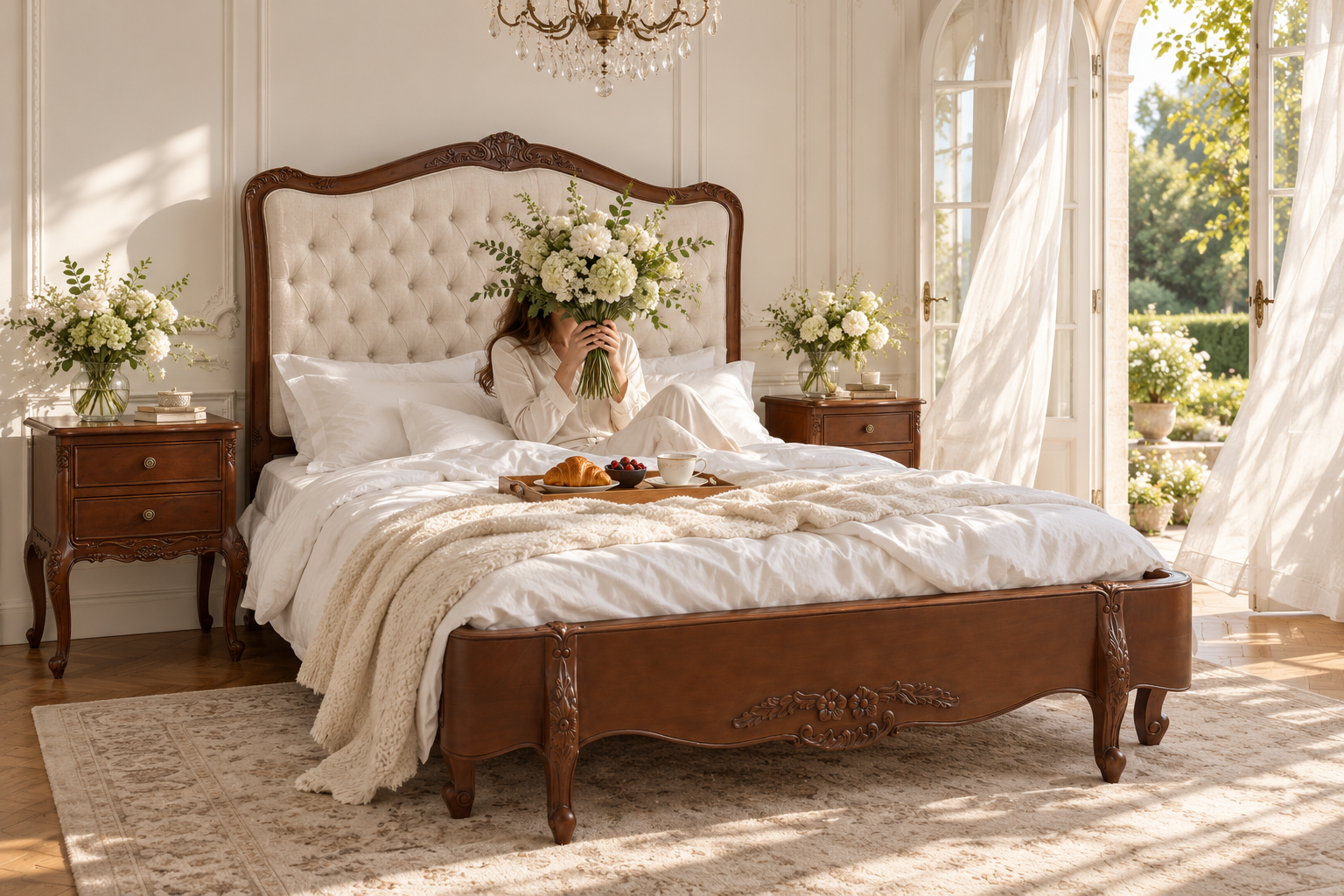 Alice Farmhouse Tufted Antique Heritage Brown French Provincial Low End Bed - Image 2