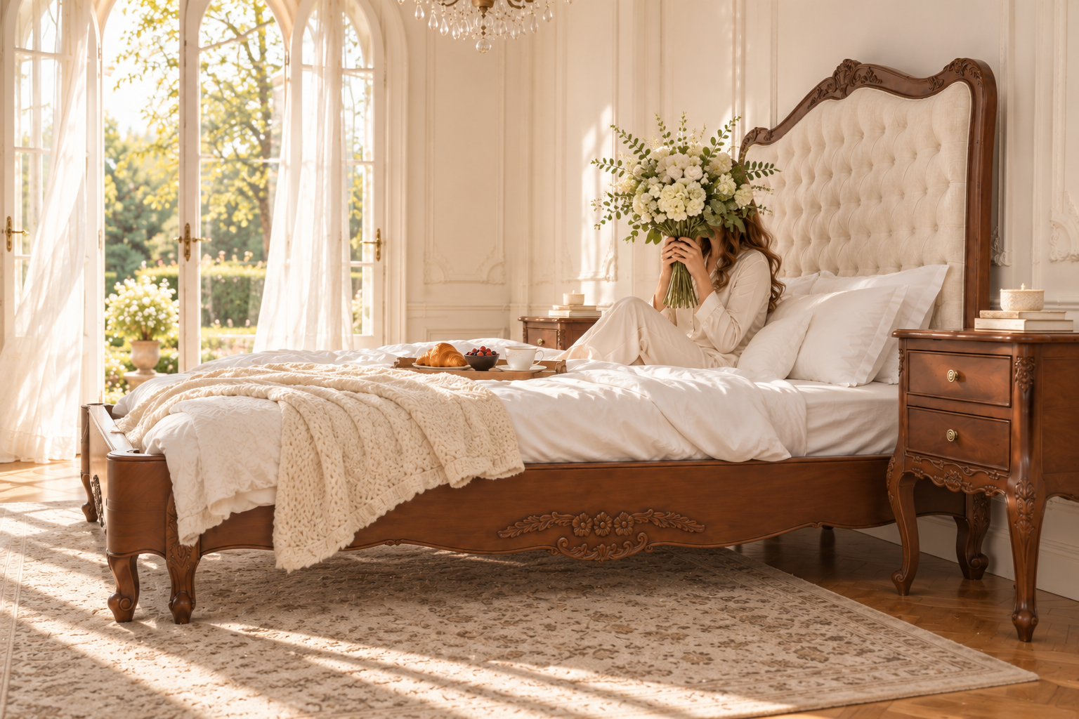 Alice Farmhouse Tufted Antique Heritage Brown French Provincial Low End Bed