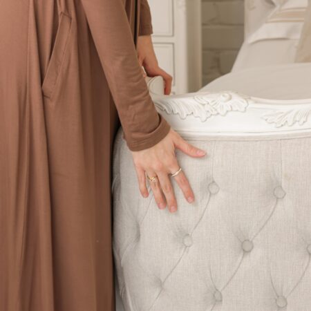 Alice French Provincial Bed in antique white with carved timber detailing and a button-tufted headboard and footboard