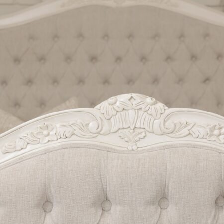 Alice French Provincial Bed in antique white with carved timber detailing and a button-tufted headboard and footboard