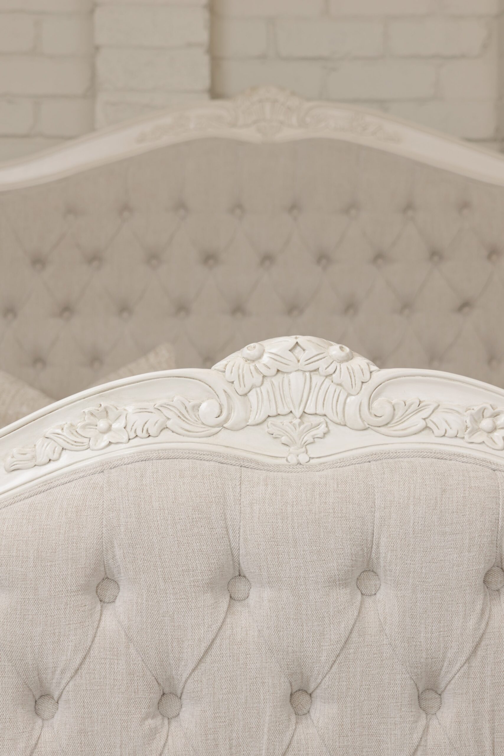 Alice French Provincial Bed in antique white with carved timber detailing and a button-tufted headboard and footboard