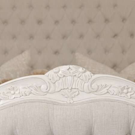 Alice French Provincial Bed in antique white with carved timber detailing and a button-tufted headboard and footboard
