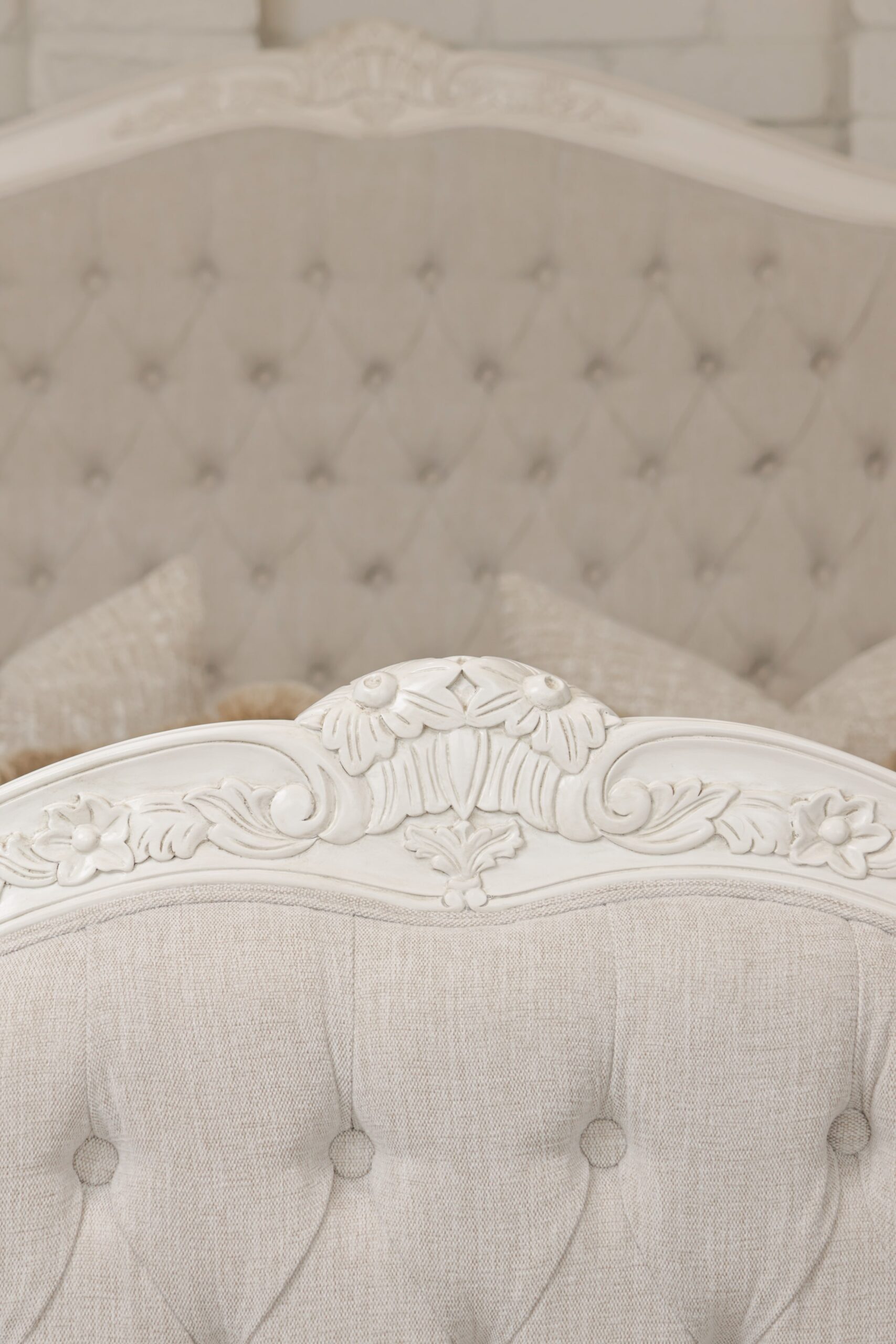 Alice French Provincial Bed in antique white with carved timber detailing and a button-tufted headboard and footboard