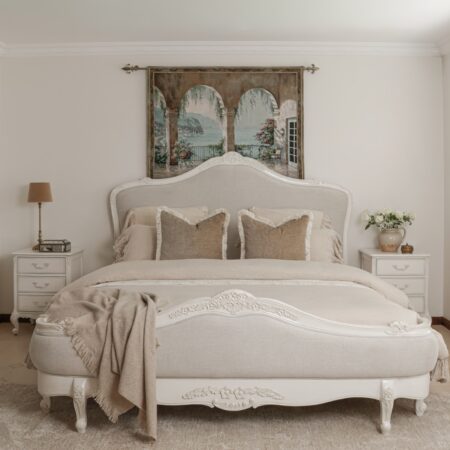 Juliette antique white upholstered French Provincial queen bed