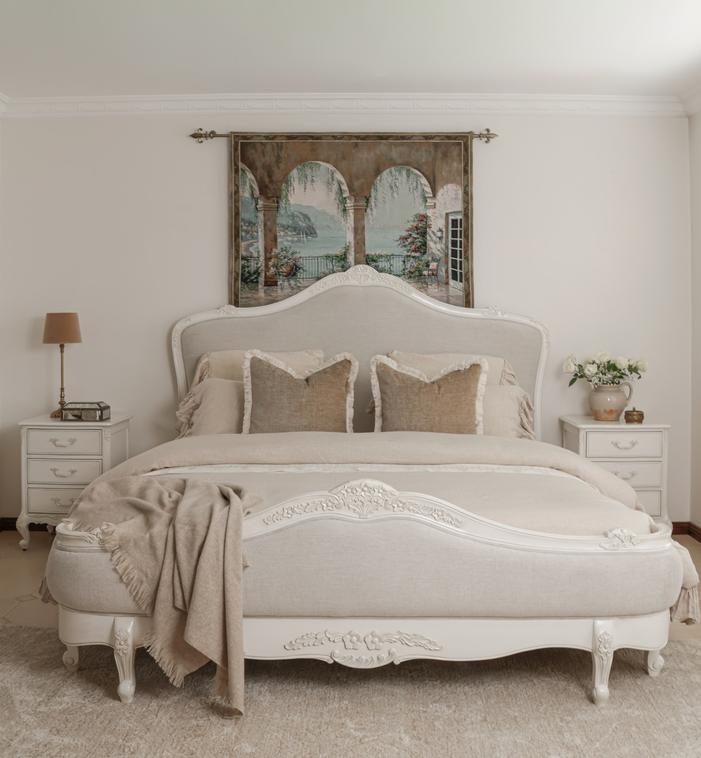 Juliette antique white upholstered French Provincial queen bed