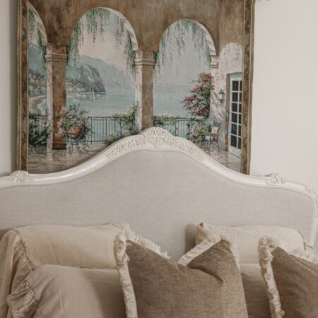 Juliette antique white upholstered French Provincial queen bed