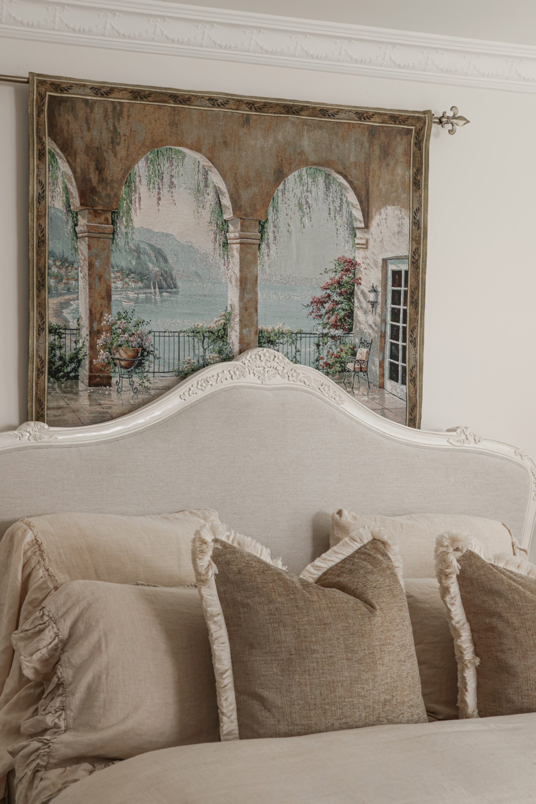 Juliette antique white upholstered French Provincial queen bed