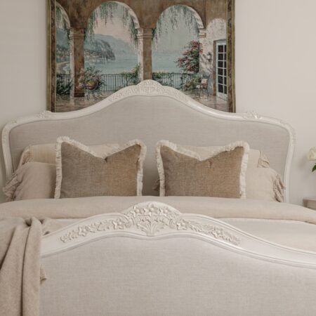 Juliette antique white upholstered French Provincial queen bed