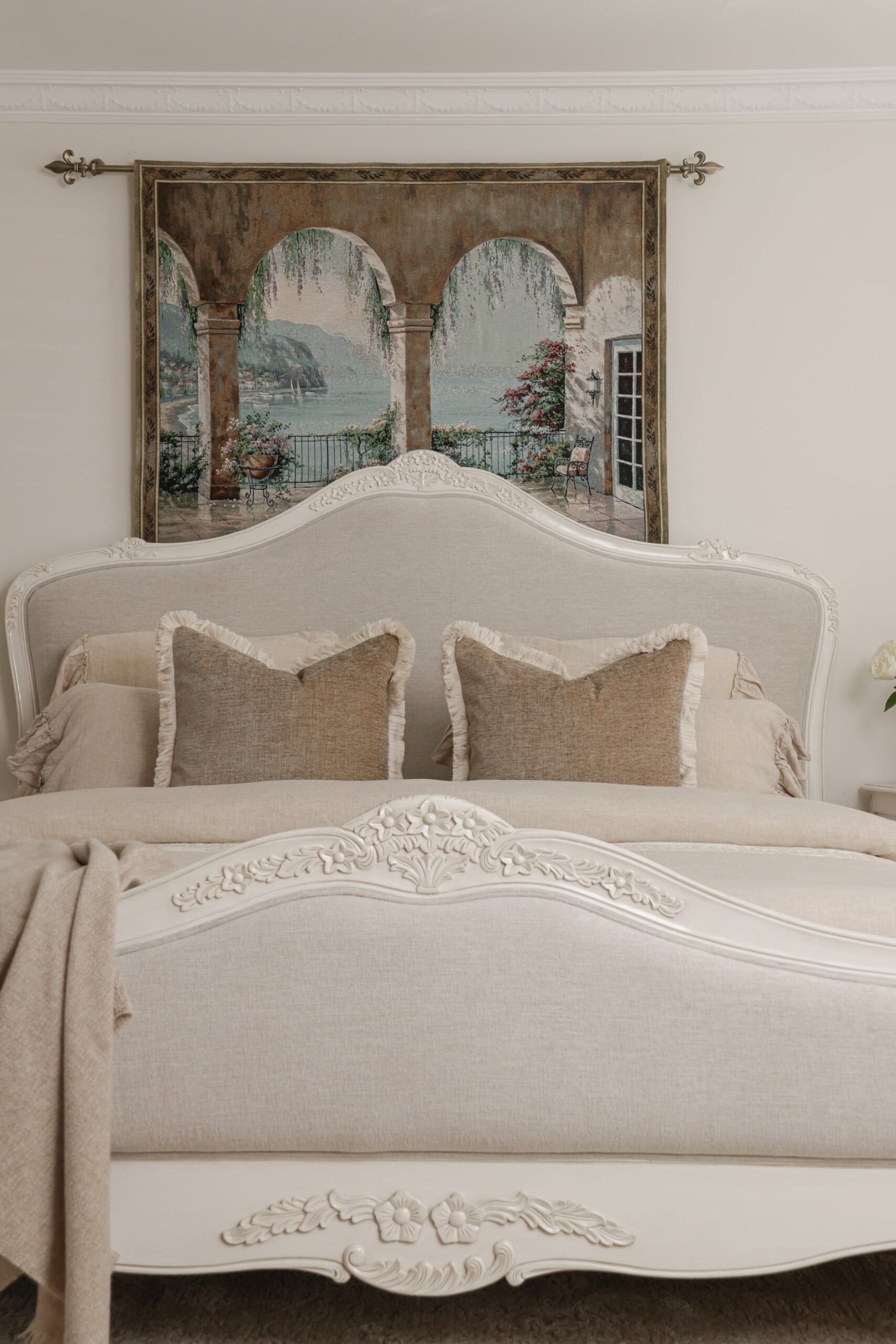 Juliette antique white upholstered French Provincial queen bed