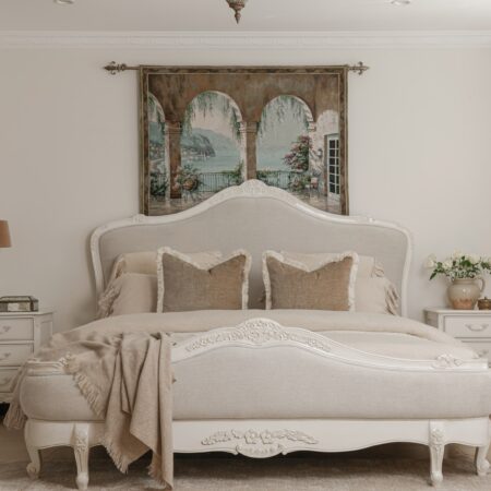 Juliette antique white upholstered French Provincial queen bed