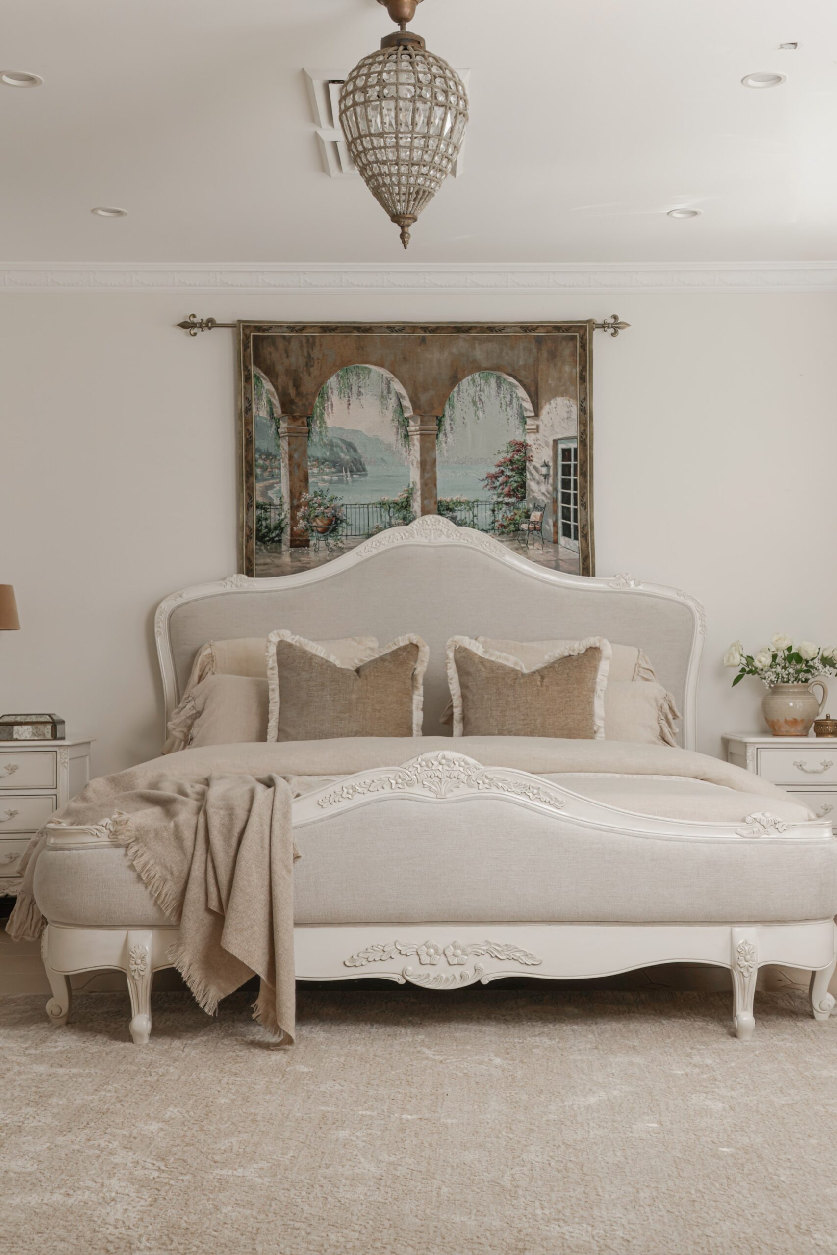 Juliette antique white upholstered French Provincial queen bed