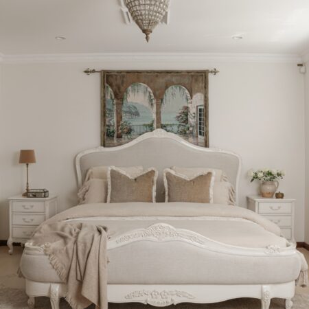 Juliette antique white upholstered French Provincial queen bed