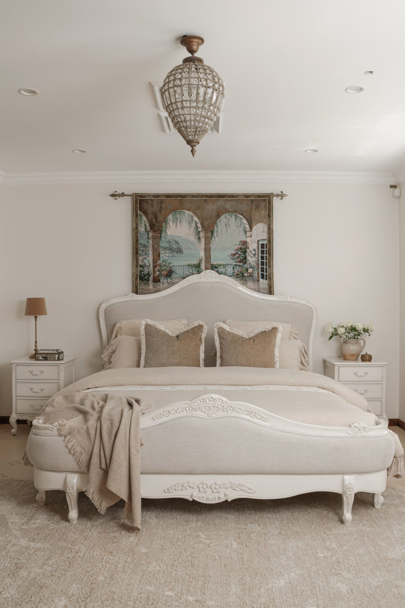 Juliette antique white upholstered French Provincial queen bed