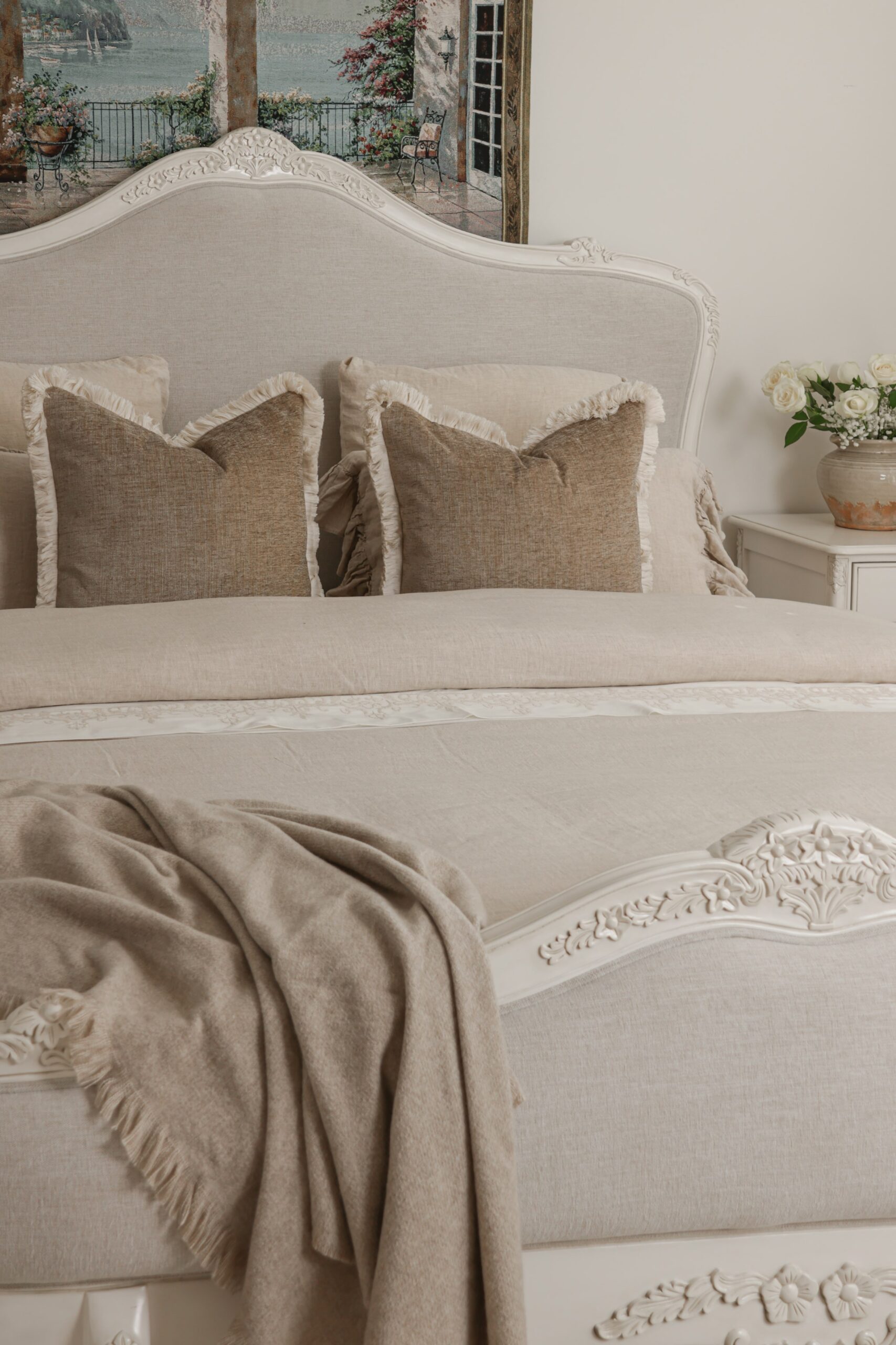 Juliette antique white upholstered French Provincial queen bed
