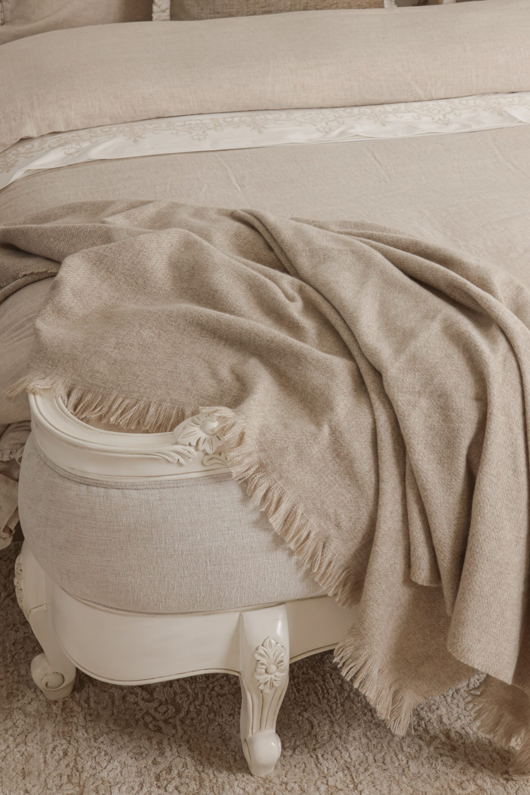Juliette antique white upholstered French Provincial queen bed