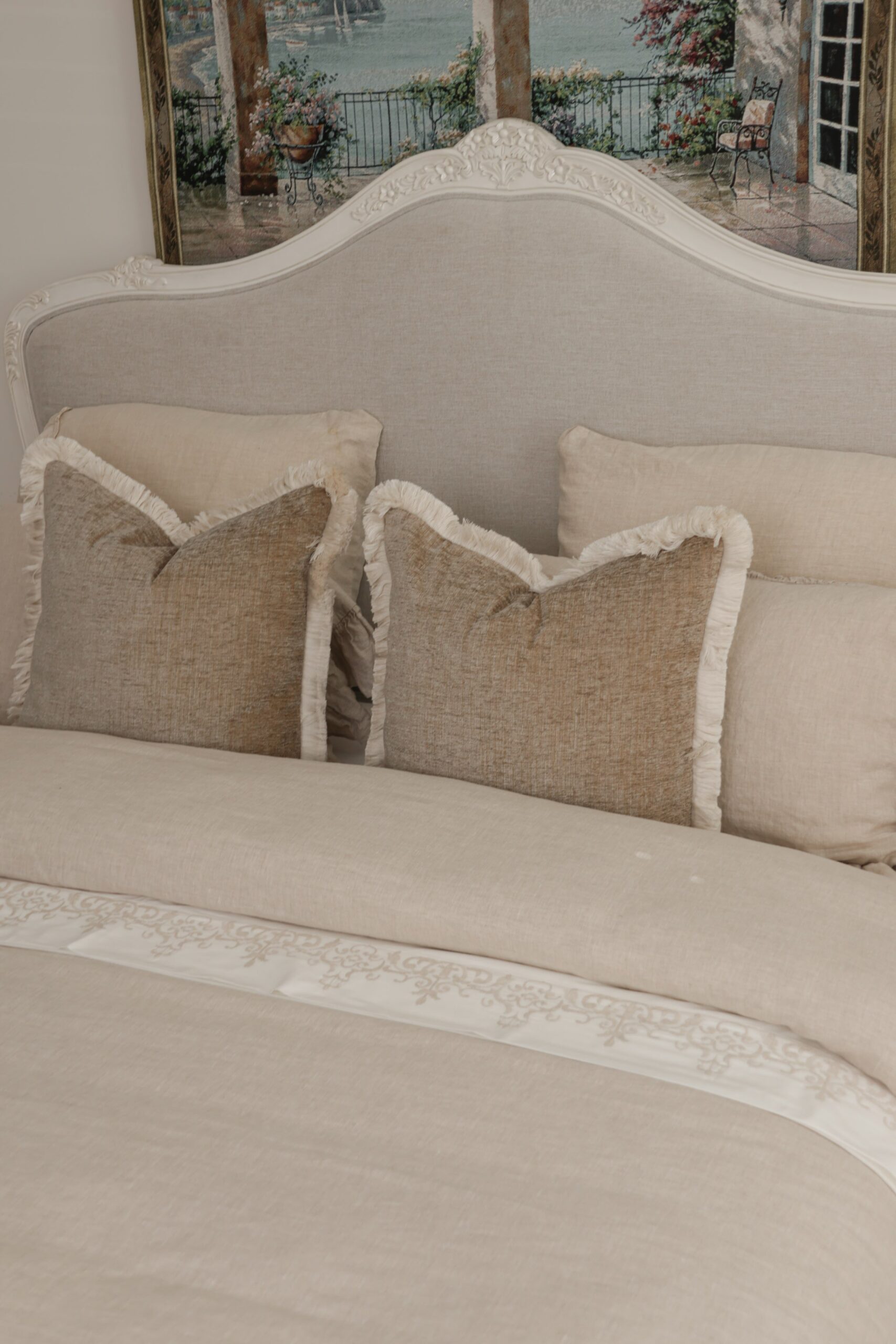 Juliette antique white upholstered French Provincial queen bed