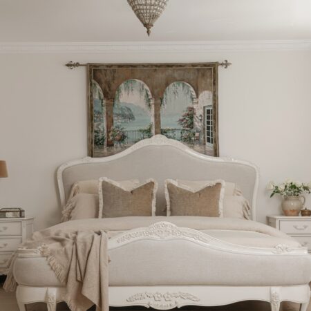 Juliette antique white upholstered French Provincial queen bed