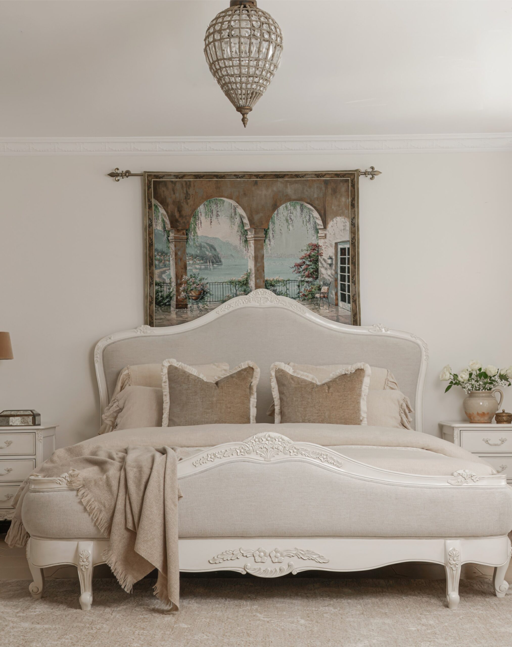 Juliette antique white upholstered French Provincial queen bed