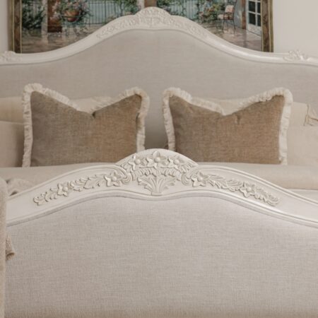 Juliette antique white upholstered French Provincial queen bed