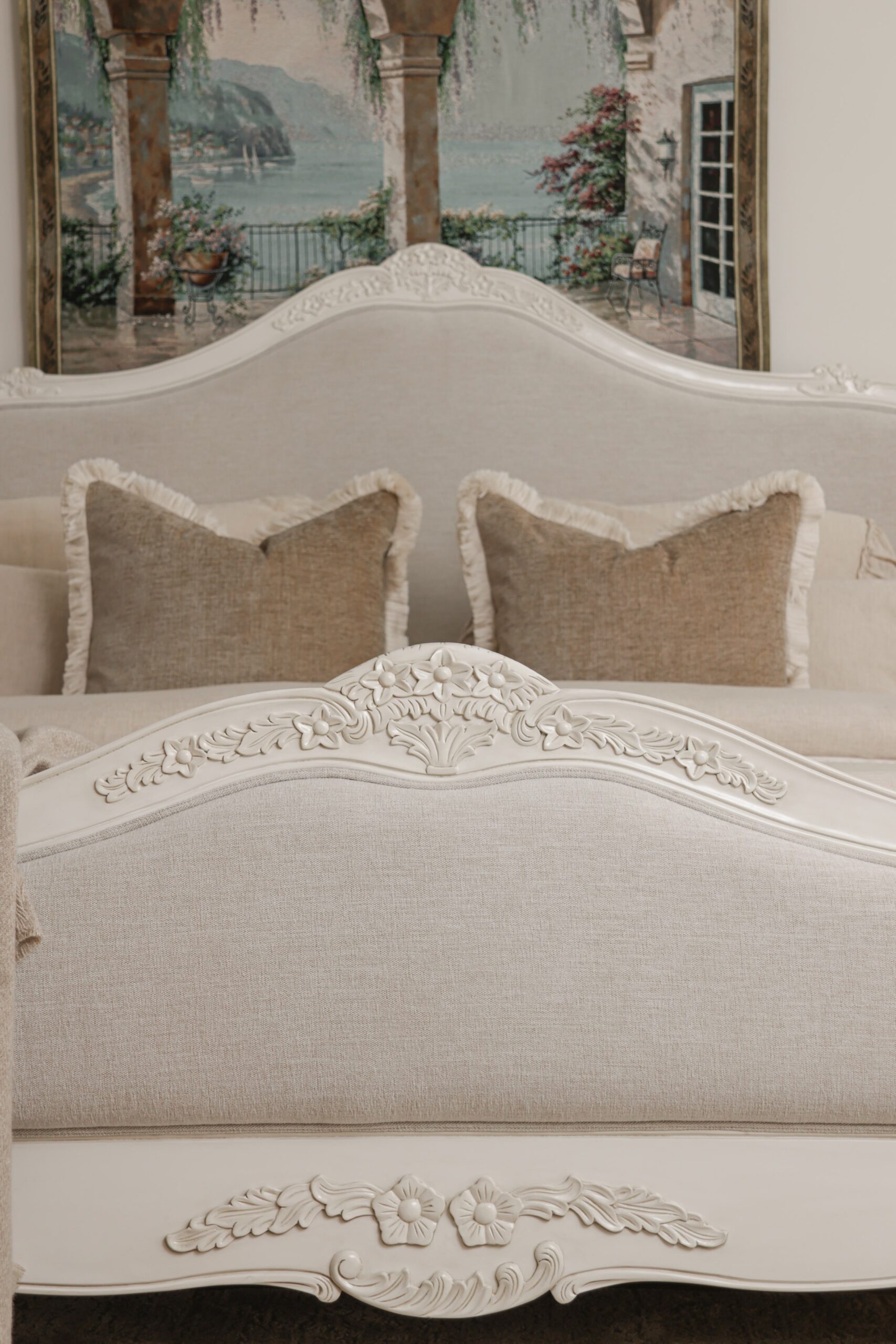 Juliette antique white upholstered French Provincial queen bed