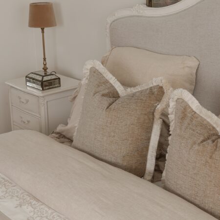 Juliette antique white upholstered French Provincial queen bed