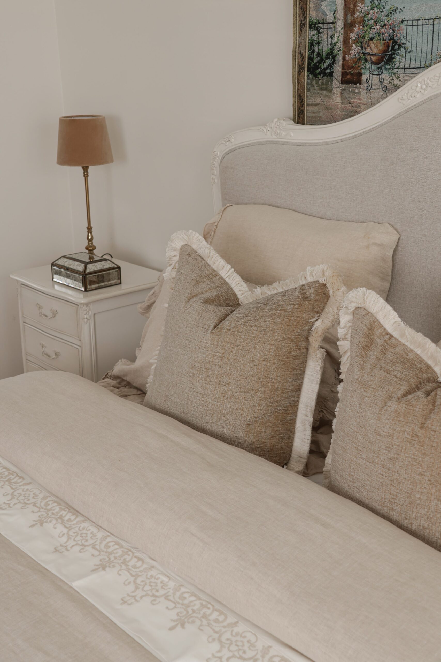 Juliette antique white upholstered French Provincial queen bed