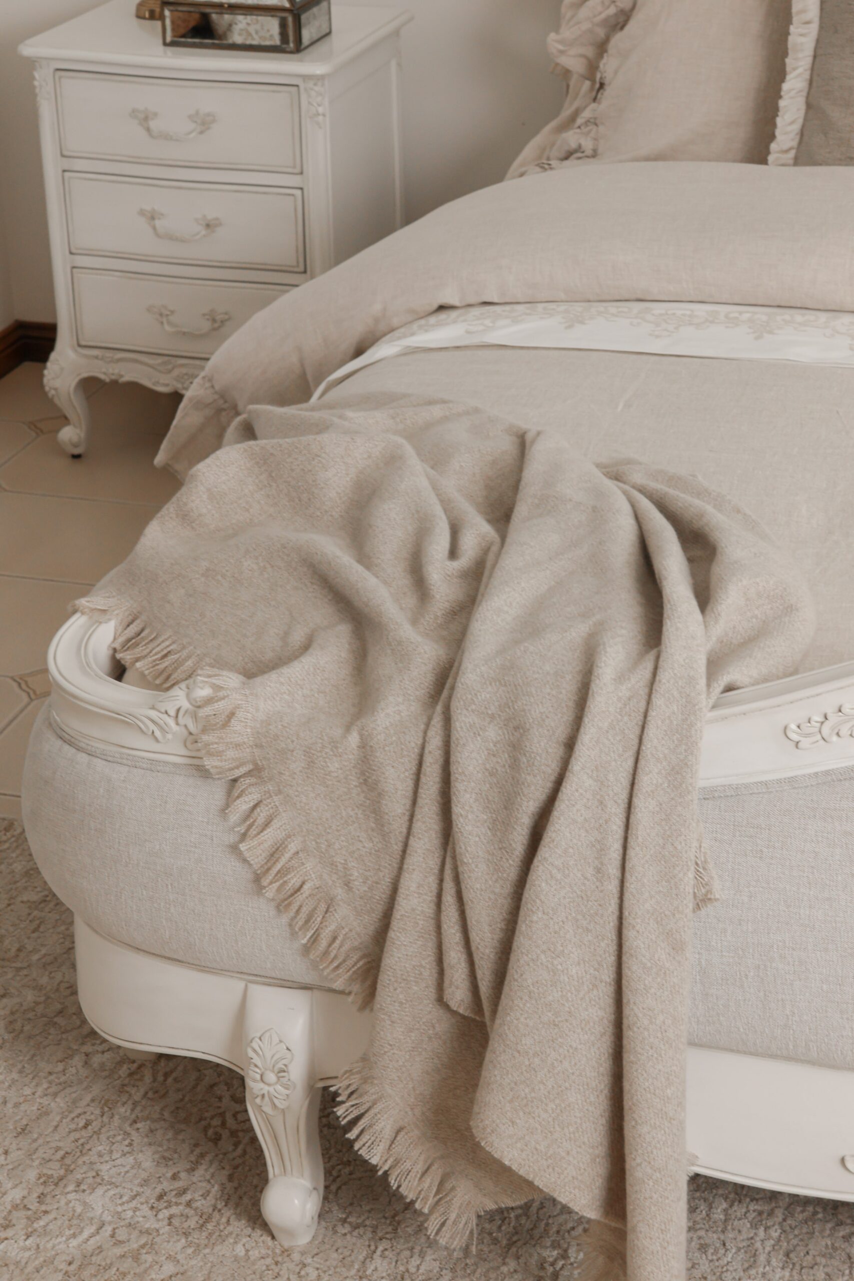 Juliette antique white upholstered French Provincial queen bed